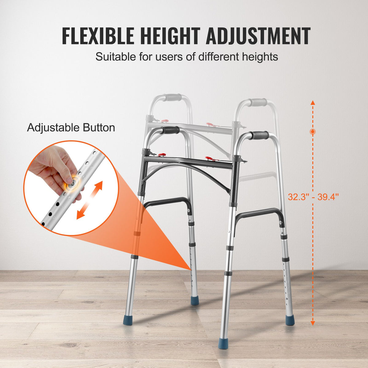 VEVOR Folding Walker, 2-Button Folding Walkers with 8-Level Adjustable Height and Durable Handles, Lightweight Aluminum Mobility Walker Aid for Elderly Handicapped Disabled, Up to 350 Pounds - BZZXCL00000025HS1V0 - view 5