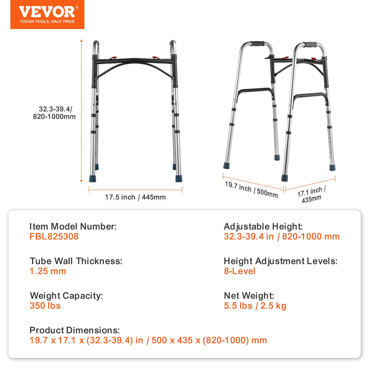 VEVOR Folding Walker, 2-Button Folding Walkers with 8-Level Adjustable Height and Durable Handles, Lightweight Aluminum Mobility Walker Aid for Elderly Handicapped Disabled, Up to 350 Pounds - BZZXCL00000025HS1V0 - view 8