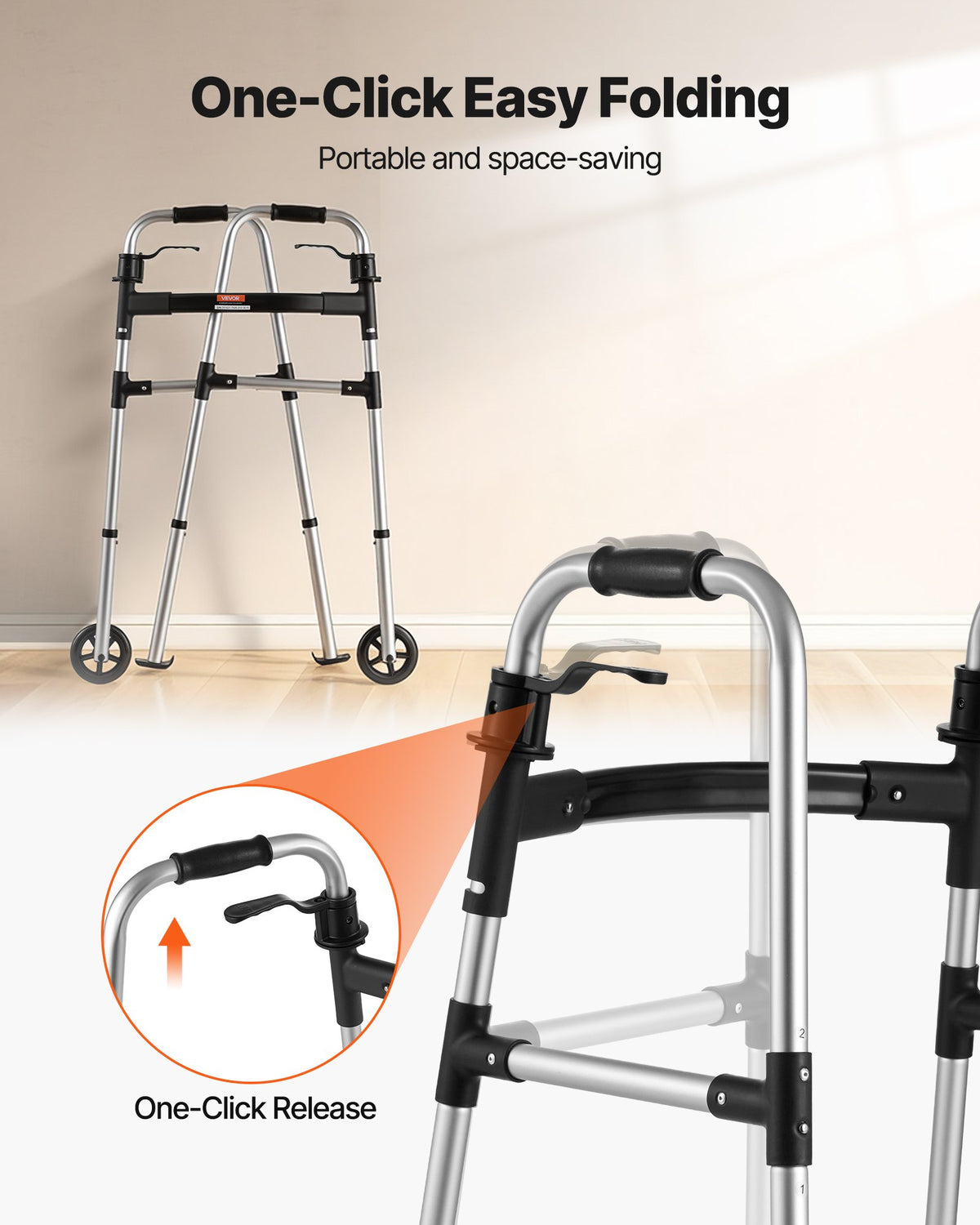VEVOR Folding Walker, 2-Button Foldable Walker with 5" Wheels & 8-Level Adjustable Height, 350LBS Loading Lightweight Aluminum Mobility Walking Aid, Front-Wheeled Rolling Walkers for Seniors Adults - BZZXCL2L00001YWZY001V0 - view 3