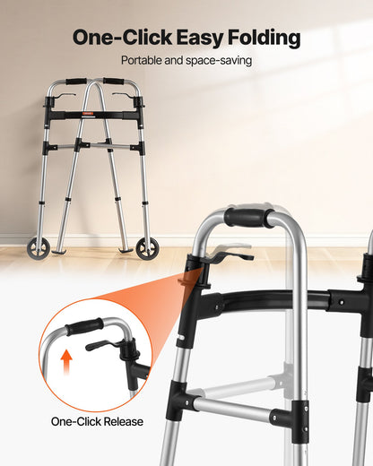 VEVOR Folding Walker, 2-Button Foldable Walker with 5" Wheels & 8-Level Adjustable Height, 350LBS Loading Lightweight Aluminum Mobility Walking Aid, Front-Wheeled Rolling Walkers for Seniors Adults - BZZXCL2L00001YWZY001V0 - view 3