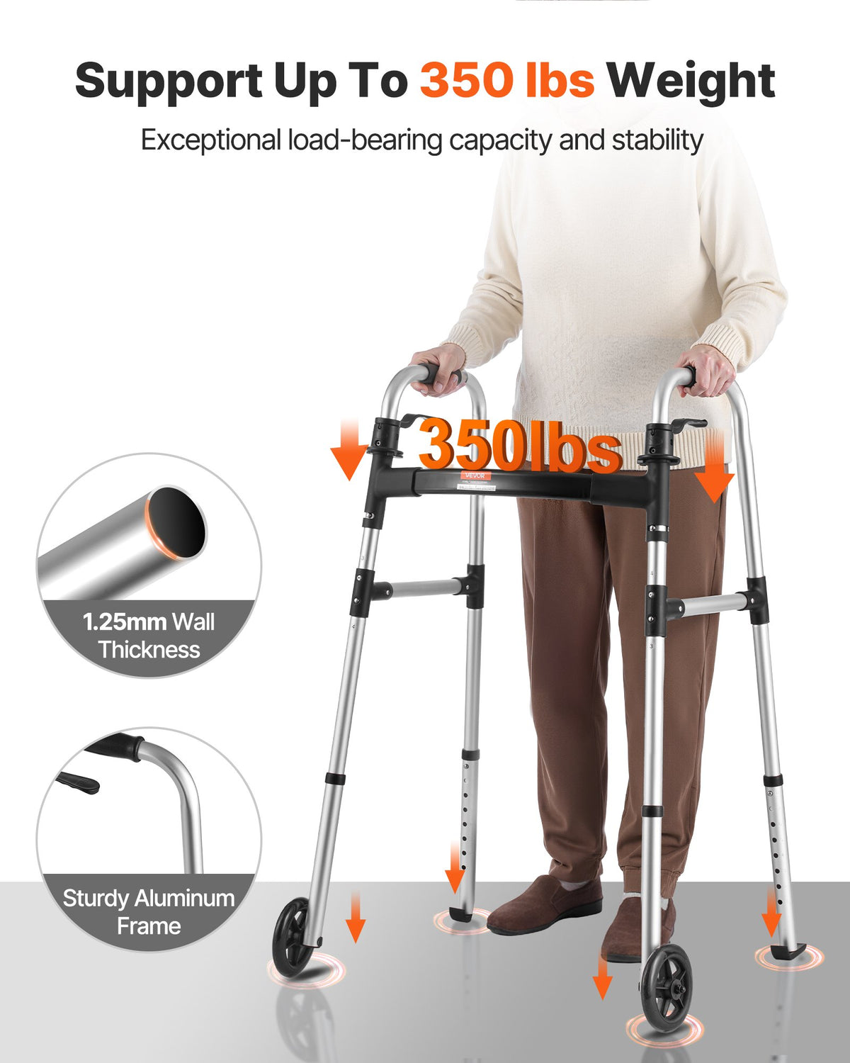 VEVOR Folding Walker, 2-Button Foldable Walker with 5" Wheels & 8-Level Adjustable Height, 350LBS Loading Lightweight Aluminum Mobility Walking Aid, Front-Wheeled Rolling Walkers for Seniors Adults - BZZXCL2L00001YWZY001V0 - view 4