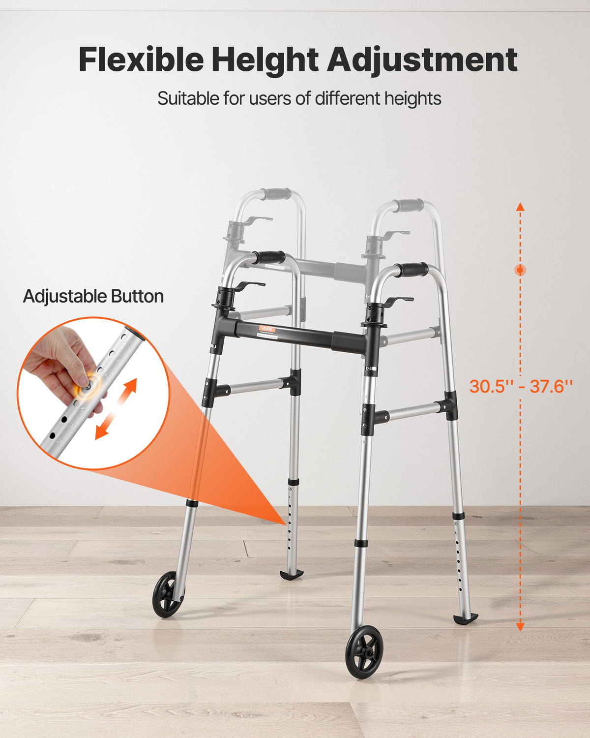 VEVOR Folding Walker, 2-Button Foldable Walker with 5" Wheels & 8-Level Adjustable Height, 350LBS Loading Lightweight Aluminum Mobility Walking Aid, Front-Wheeled Rolling Walkers for Seniors Adults - BZZXCL2L00001YWZY001V0 - view 5