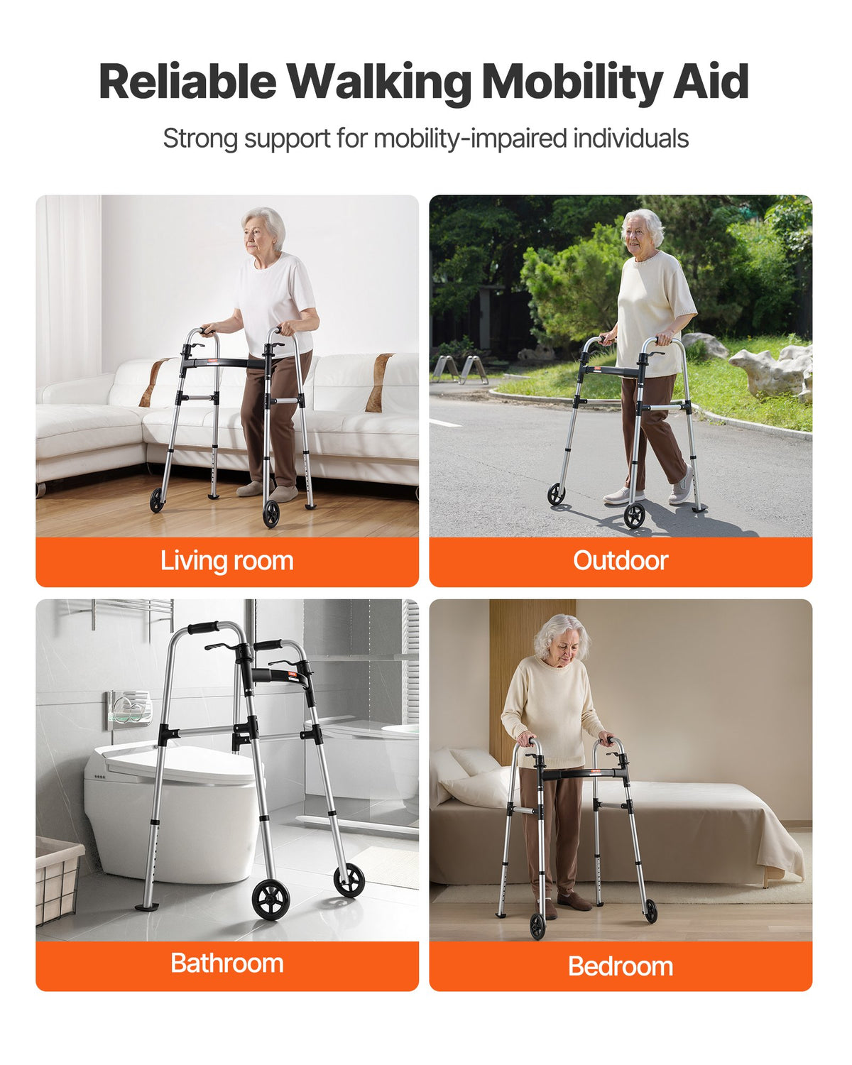 VEVOR Folding Walker, 2-Button Foldable Walker with 5" Wheels & 8-Level Adjustable Height, 350LBS Loading Lightweight Aluminum Mobility Walking Aid, Front-Wheeled Rolling Walkers for Seniors Adults - BZZXCL2L00001YWZY001V0 - view 7
