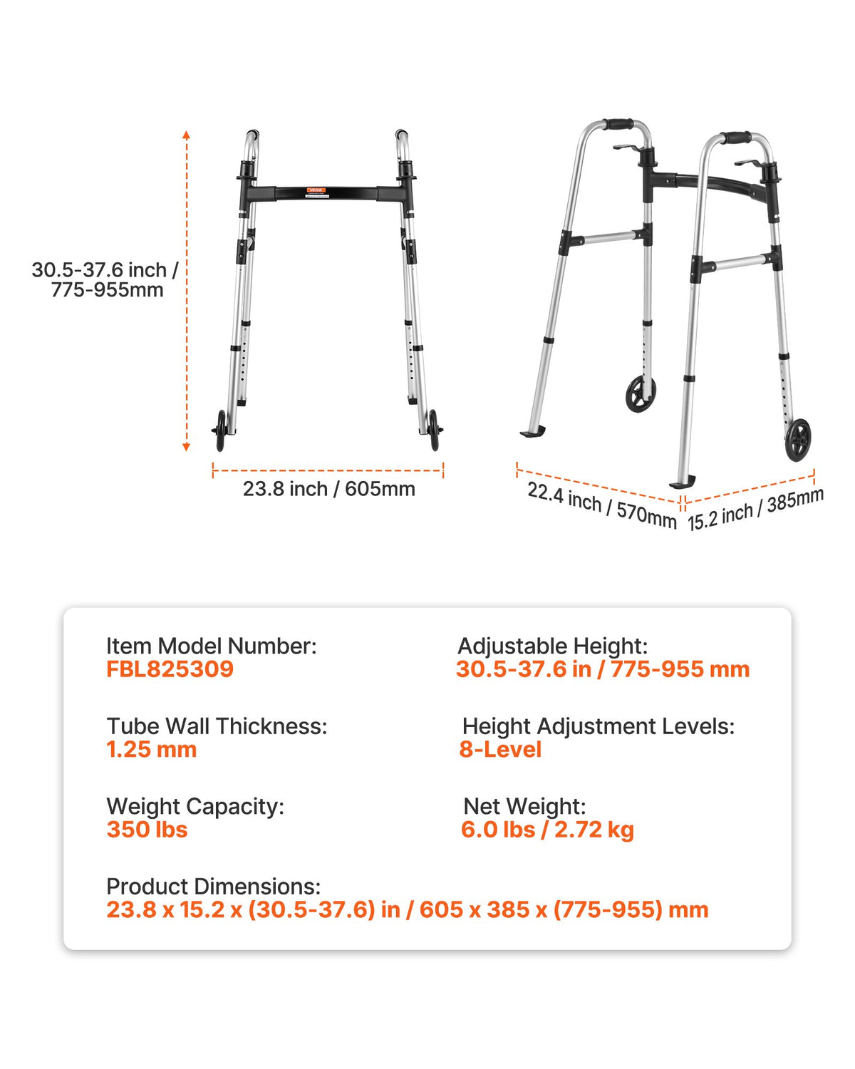 VEVOR Folding Walker, 2-Button Foldable Walker with 5" Wheels & 8-Level Adjustable Height, 350LBS Loading Lightweight Aluminum Mobility Walking Aid, Front-Wheeled Rolling Walkers for Seniors Adults - BZZXCL2L00001YWZY001V0 - view 8