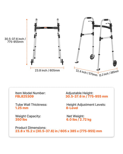 VEVOR Folding Walker, 2-Button Foldable Walker with 5" Wheels & 8-Level Adjustable Height, 350LBS Loading Lightweight Aluminum Mobility Walking Aid, Front-Wheeled Rolling Walkers for Seniors Adults - BZZXCL2L00001YWZY001V0 - view 8