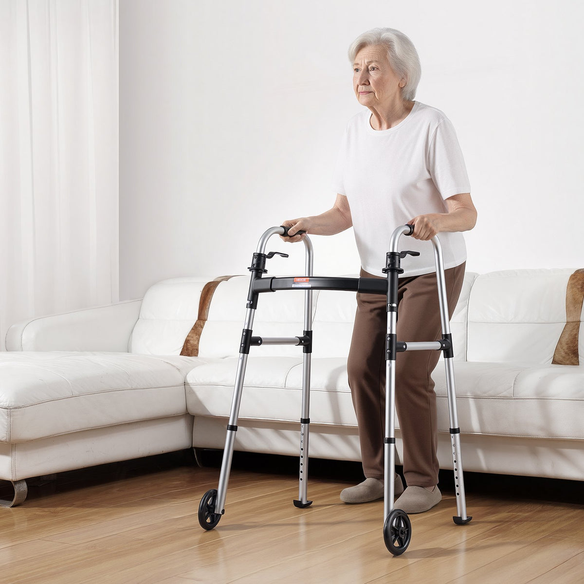 VEVOR Folding Walker, 2-Button Foldable Walker with 5" Wheels & 8-Level Adjustable Height, 350LBS Loading Lightweight Aluminum Mobility Walking Aid, Front-Wheeled Rolling Walkers for Seniors Adults - BZZXCL2L00001YWZY001V0 - view 9