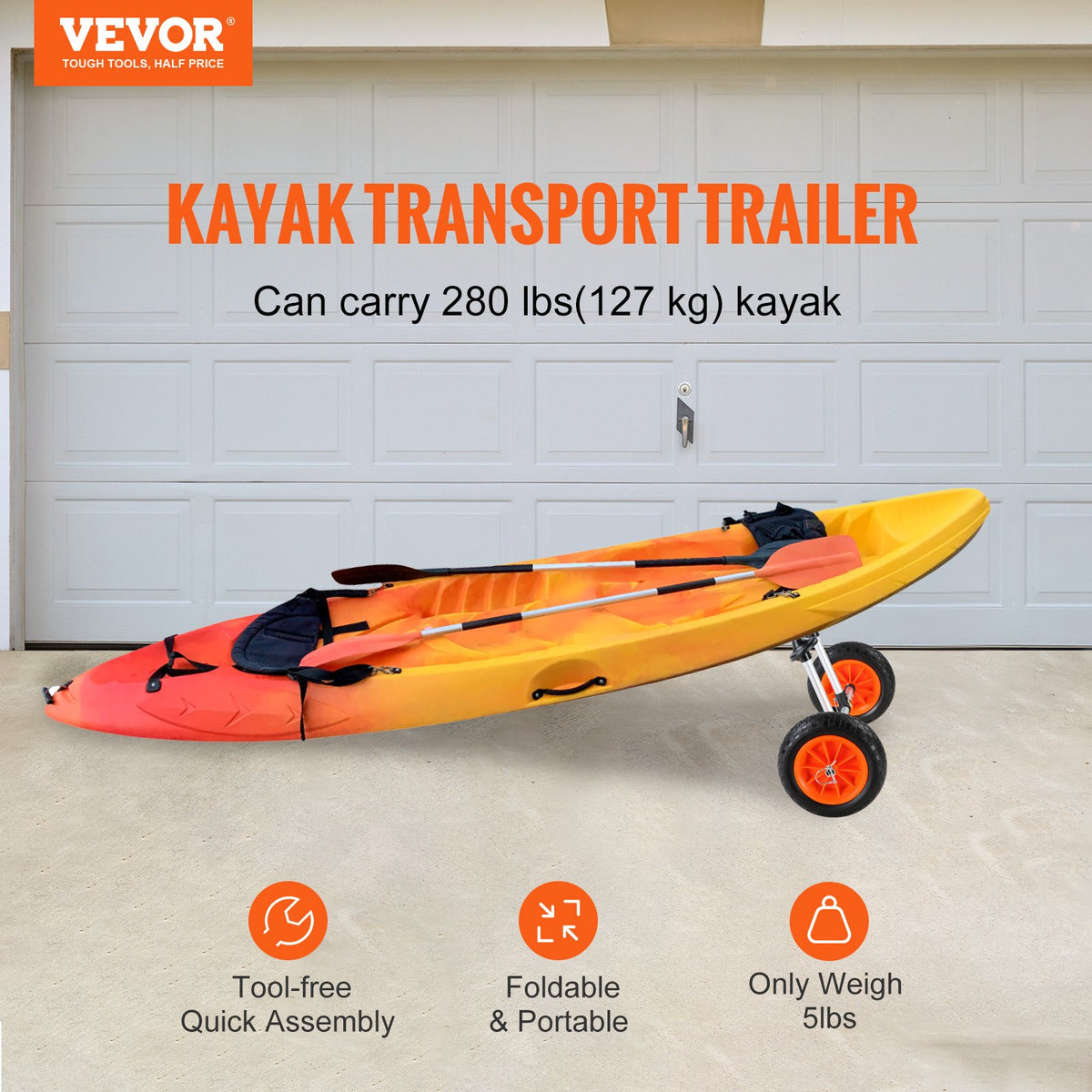 VEVOR Heavy Duty Kayak Cart, 280lbs Load Capacity, Detachable Canoe Trolley Cart with 10'' Solid Tires, Adjustable Width & Top Foam Protection, for Kayaks with Drain Holes of 2.54 - C280LBS10INCHASOUV0 - view 2