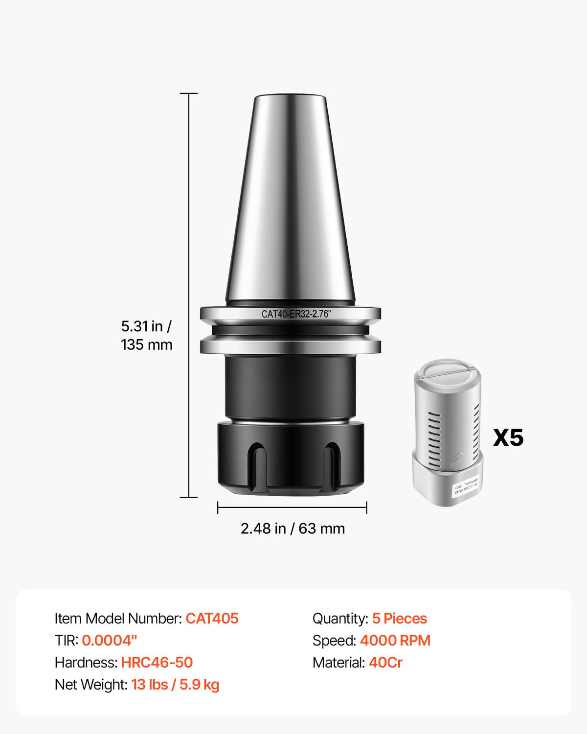 VEVOR CAT40 Collet Holder ER32 5 Piece Precision Spring Collet Chuck Set, for Milling Machine Drill Presses, 4000 RPM Max Speed, CAT40 Tool Holder Spring Collet with 0.0004" TIR, Labeled Storage Box - CAT40DBTZJTL3SV9X001V0 - view 8