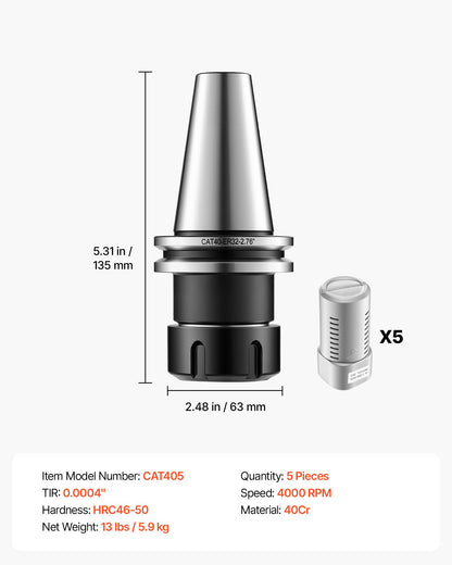 VEVOR CAT40 Collet Holder ER32 5 Piece Precision Spring Collet Chuck Set, for Milling Machine Drill Presses, 4000 RPM Max Speed, CAT40 Tool Holder Spring Collet with 0.0004" TIR, Labeled Storage Box - CAT40DBTZJTL3SV9X001V0 - view 8