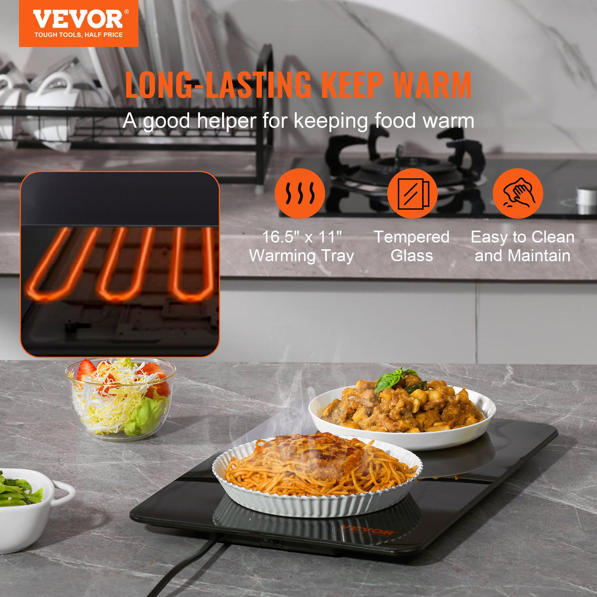 VEVOR Electric Warming Tray, 16.5" x 11" Portable Tempered Glass Heating Tray with Temperature Range (65-90℃), Perfect for Dinner, Catering, House, Parties, Events, Entertaining and Holiday, Black - CBJRG420280MMMH3FV1 - view 2
