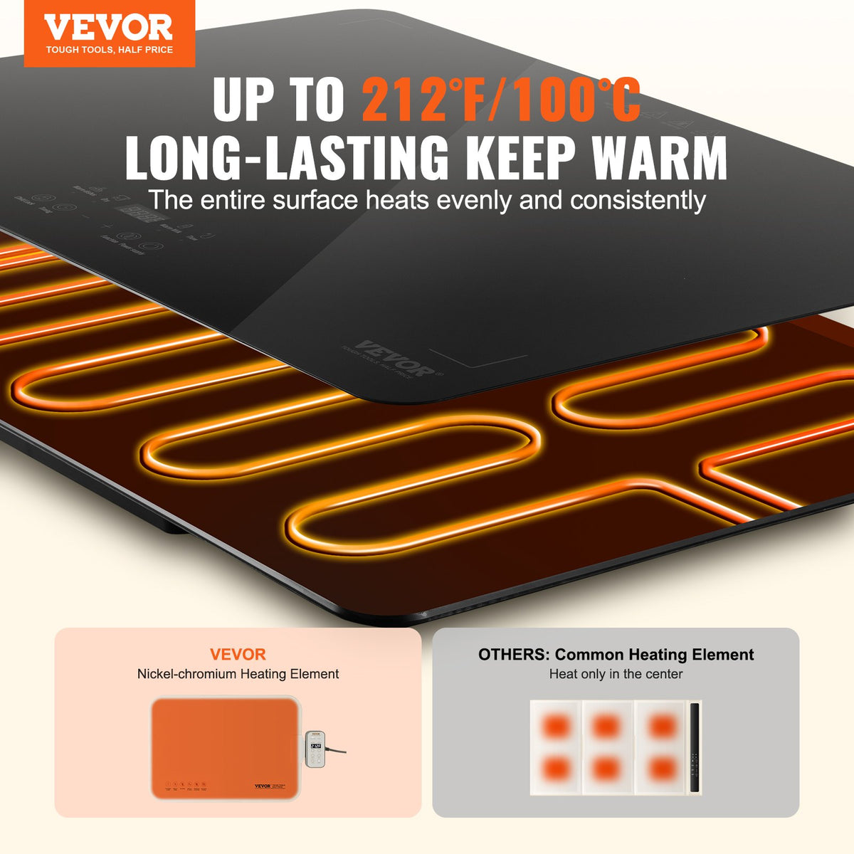 VEVOR Electric Warming Tray, Food Warming Trays for Buffet, Warming Trays with Adjustable Temperature Control, Portable Tempered Glass Food Warmer, Hot Plate Perfect for Parties, Catering, Holidays - CBJRGBDZSWJB991OXV1 - view 3