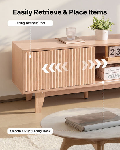 VEVOR TV Stand, Boho Entertainment Center for TVs up to 59 in, 350 lbs Load Capacity, TV Media Console Table with Adjustable Open Storage Shelves & Sliding Door for Living Room, Bedroom, Burlywood - CBSDSJBXMYFB4GOM6001V0 - view 4