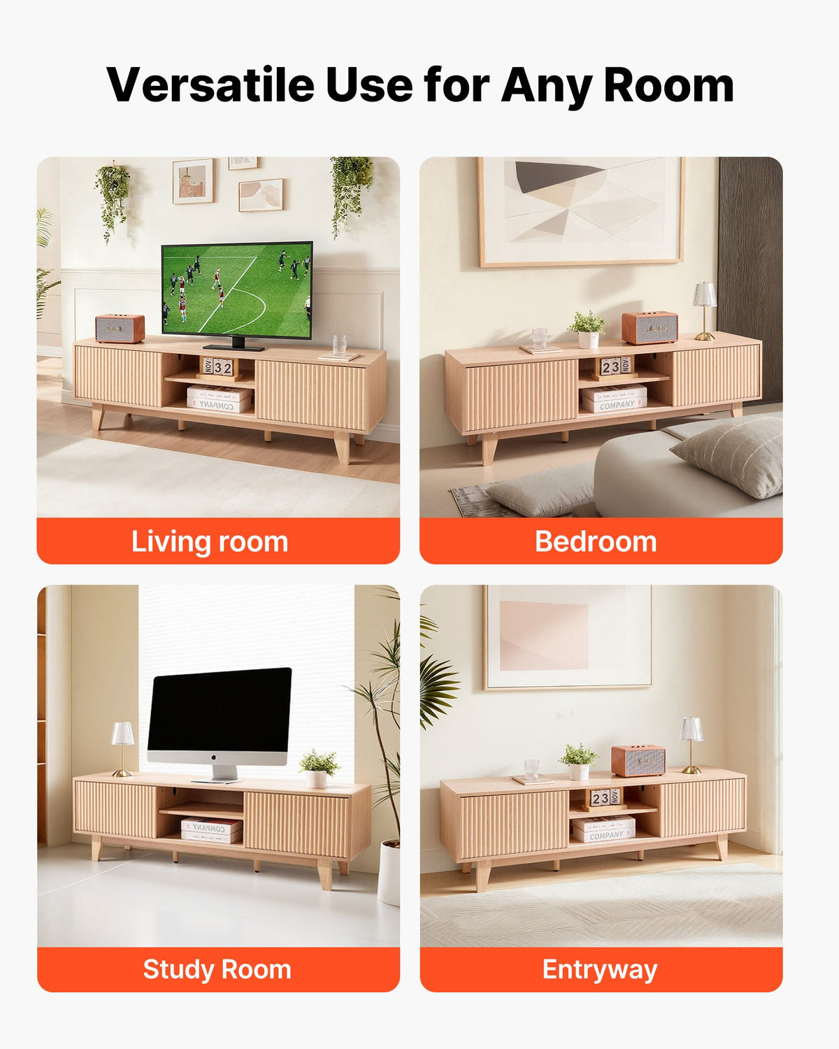 VEVOR TV Stand, Boho Entertainment Center for TVs up to 59 in, 350 lbs Load Capacity, TV Media Console Table with Adjustable Open Storage Shelves & Sliding Door for Living Room, Bedroom, Burlywood - CBSDSJBXMYFB4GOM6001V0 - view 7