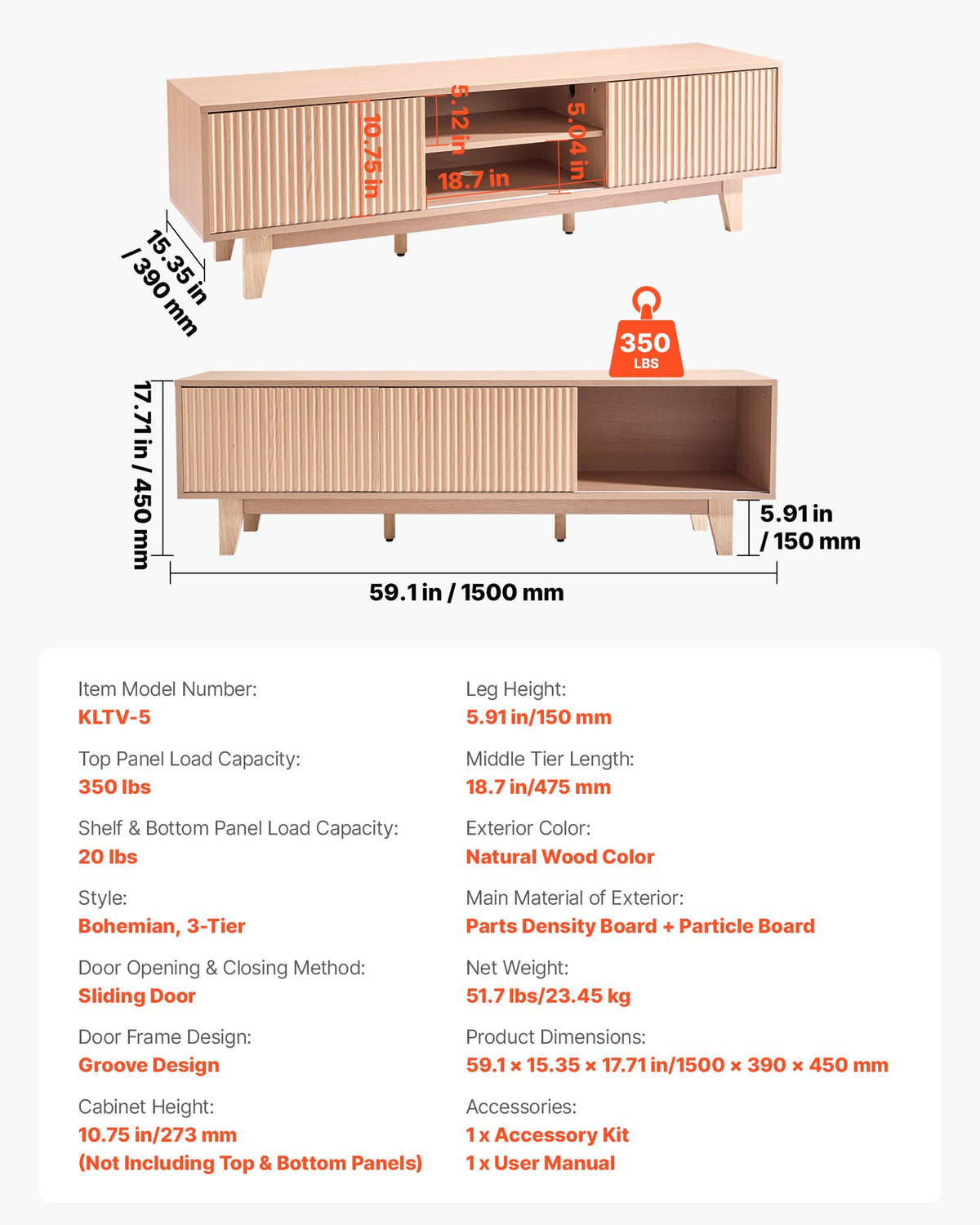 VEVOR TV Stand, Boho Entertainment Center for TVs up to 59 in, 350 lbs Load Capacity, TV Media Console Table with Adjustable Open Storage Shelves & Sliding Door for Living Room, Bedroom, Burlywood - CBSDSJBXMYFB4GOM6001V0 - view 8