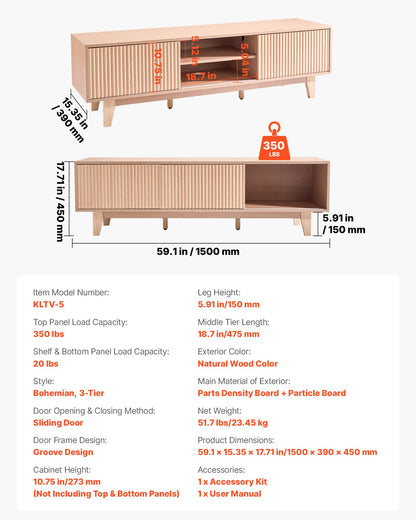 VEVOR TV Stand, Boho Entertainment Center for TVs up to 59 in, 350 lbs Load Capacity, TV Media Console Table with Adjustable Open Storage Shelves & Sliding Door for Living Room, Bedroom, Burlywood - CBSDSJBXMYFB4GOM6001V0 - view 8