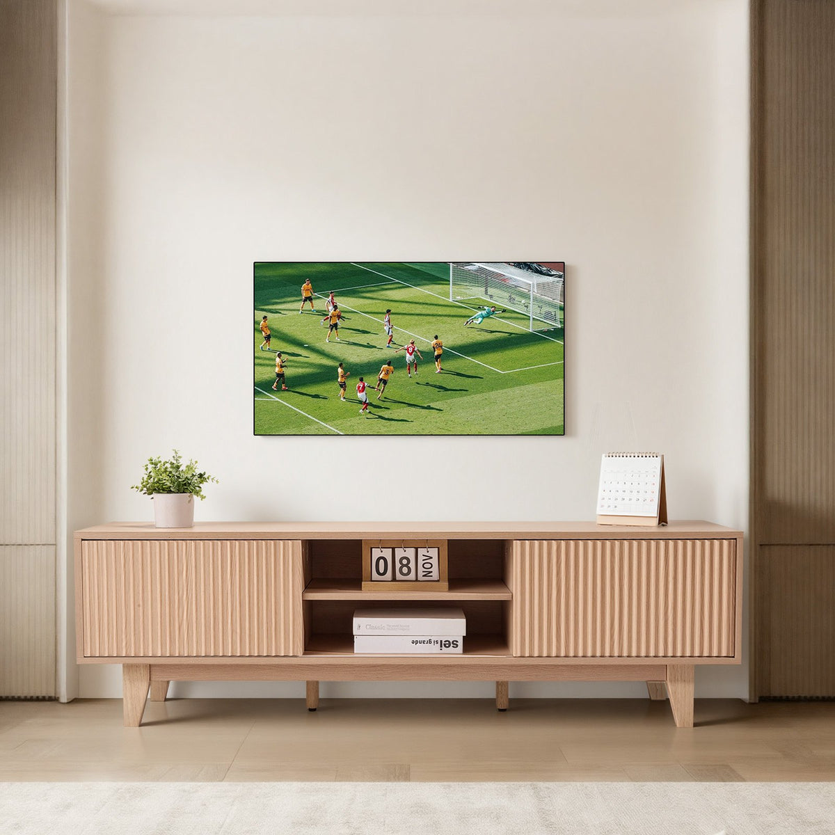 VEVOR TV Stand, Boho Entertainment Center for TVs up to 59 in, 350 lbs Load Capacity, TV Media Console Table with Adjustable Open Storage Shelves & Sliding Door for Living Room, Bedroom, Burlywood - CBSDSJBXMYFB4GOM6001V0 - view 9