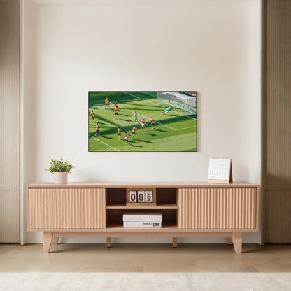 VEVOR TV Stand, Boho Entertainment Center for TVs up to 59 in, 350 lbs Load Capacity, TV Media Console Table with Adjustable Open Storage Shelves & Sliding Door for Living Room, Bedroom, Burlywood - CBSDSJBXMYFB4GOM6001V0 - view 9