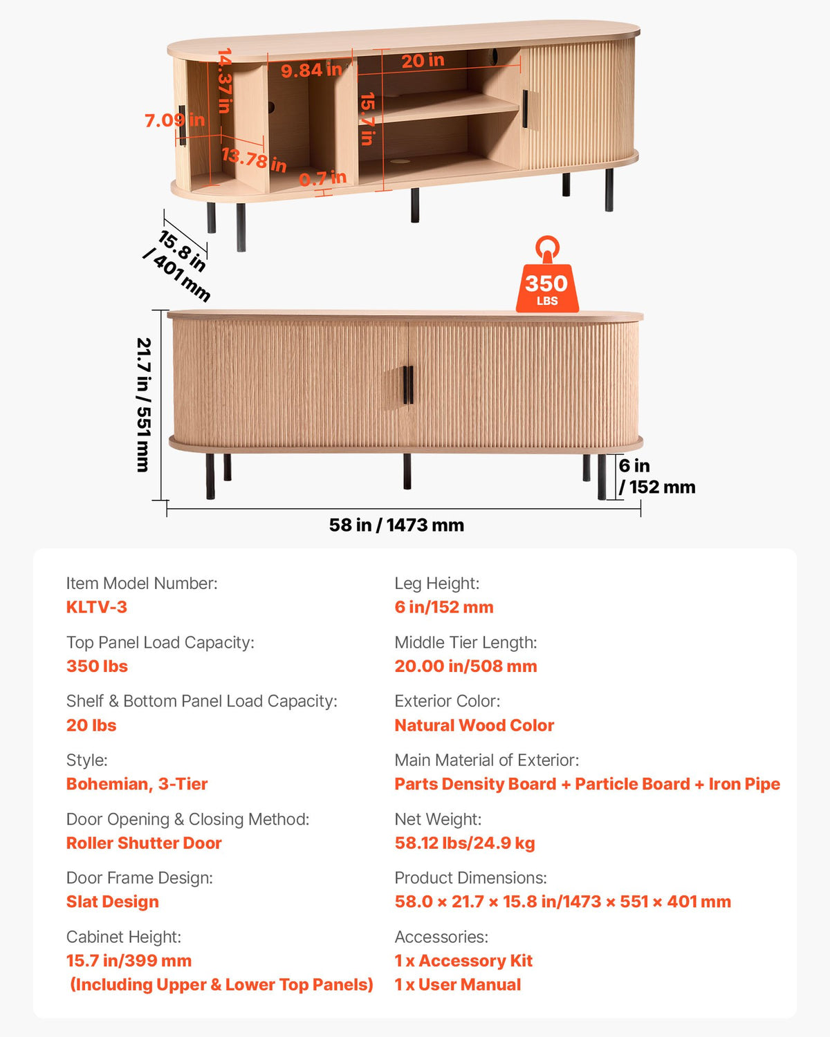 VEVOR TV Stand, Boho Entertainment Center for TVs up to 58 in, 350 lbs Load, TV Media Console Table with Adjustable Storage Shelves and Rolling Door, Television Stand for Living Room, Bedroom, Burlywood - CBSDSJBXMYFQX3XO4001V0 - view 8