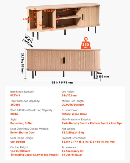 VEVOR TV Stand, Boho Entertainment Center for TVs up to 58 in, 350 lbs Load, TV Media Console Table with Adjustable Storage Shelves and Rolling Door, Television Stand for Living Room, Bedroom, Burlywood - CBSDSJBXMYFQX3XO4001V0 - view 8