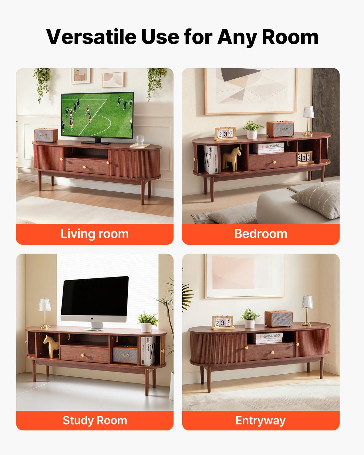 VEVOR TV Stand, Mid Century Modern Entertainment Center for TVs up to 58 in, 350 lbs Load Capacity, TV Media Console Table with Drawer, Open Storage Shelves & Rolling Door for Living Room, Bedroom - CBSDSJZSJXDFMHNBJ001V0 - view 7