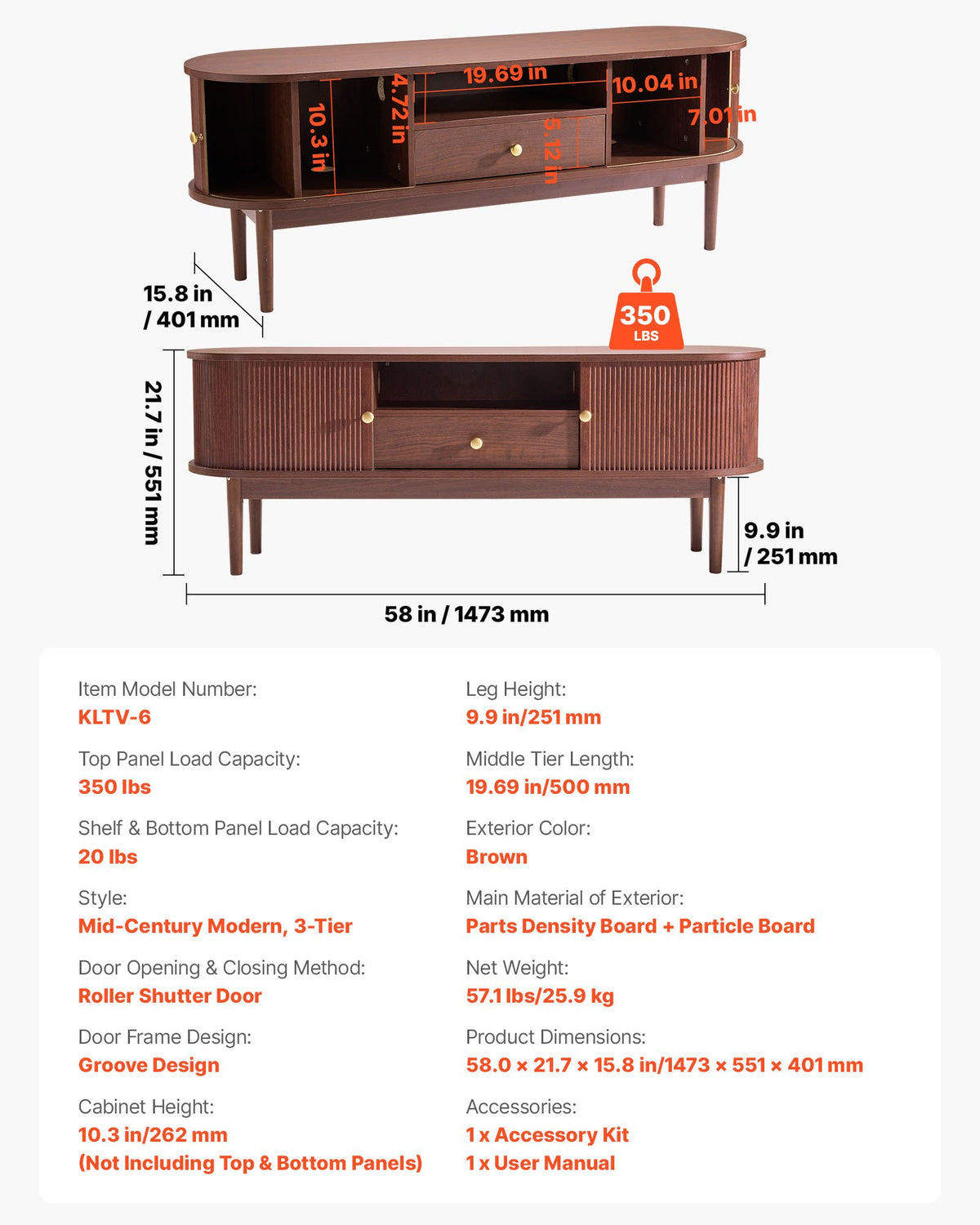 VEVOR TV Stand, Mid Century Modern Entertainment Center for TVs up to 58 in, 350 lbs Load Capacity, TV Media Console Table with Drawer, Open Storage Shelves & Rolling Door for Living Room, Bedroom - CBSDSJZSJXDFMHNBJ001V0 - view 8
