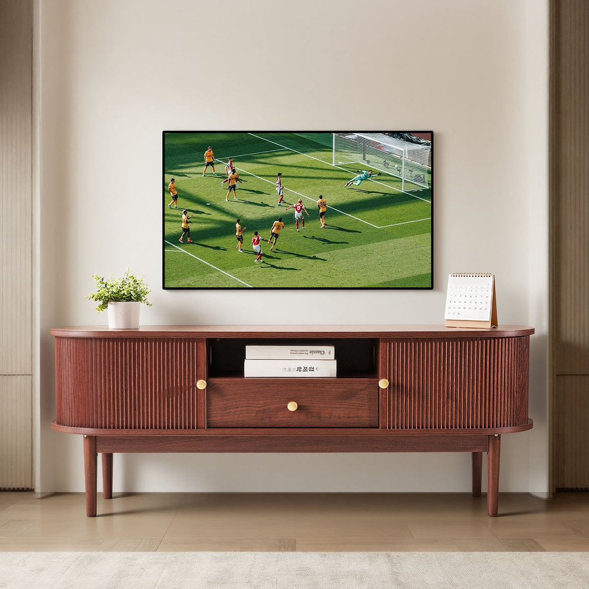 VEVOR TV Stand, Mid Century Modern Entertainment Center for TVs up to 58 in, 350 lbs Load Capacity, TV Media Console Table with Drawer, Open Storage Shelves & Rolling Door for Living Room, Bedroom - CBSDSJZSJXDFMHNBJ001V0 - view 9