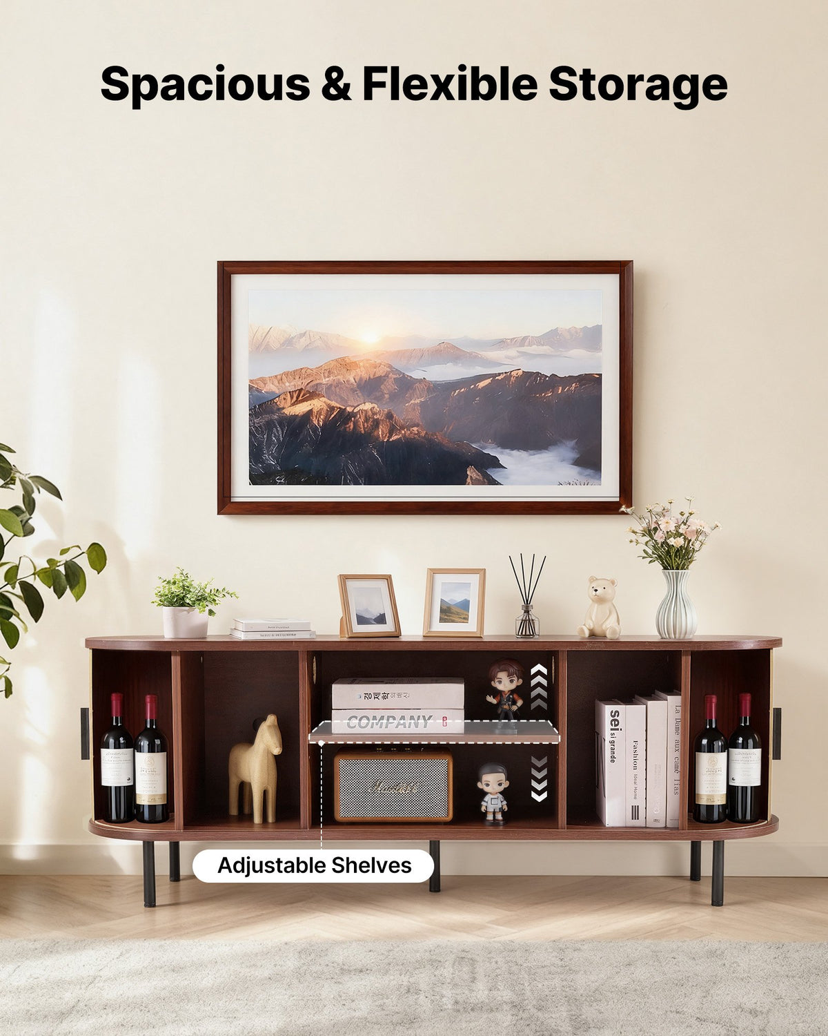VEVOR TV Stand, Boho Entertainment Center for TVs up to 58 in, 350 lbs Load, TV Media Console Table with Adjustable Storage Shelves & Rolling Door, Television Stand for Living Room, Bedroom, Brown - CBSDSJZSJXDFR6ZSM001V0 - view 5
