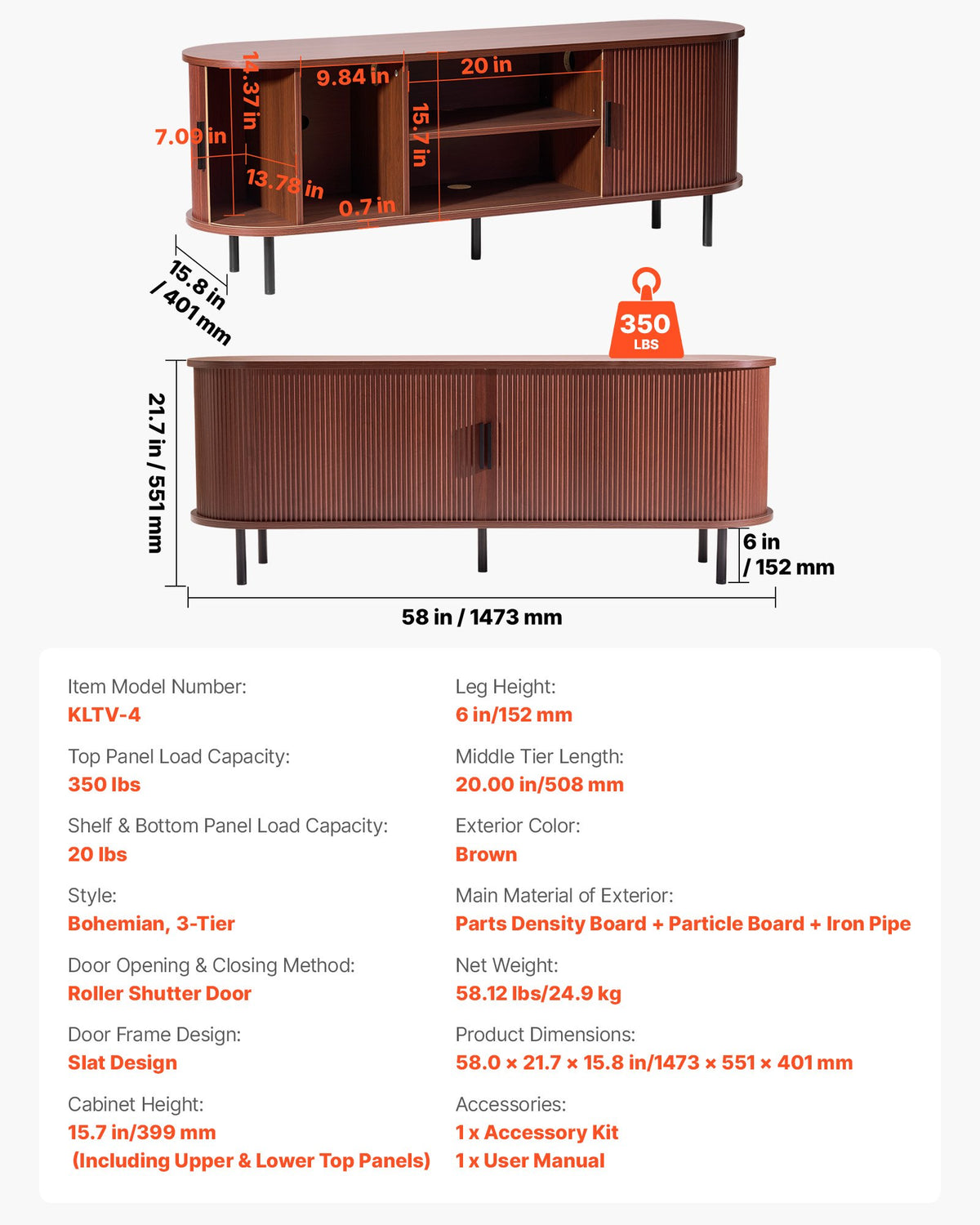 VEVOR TV Stand, Boho Entertainment Center for TVs up to 58 in, 350 lbs Load, TV Media Console Table with Adjustable Storage Shelves & Rolling Door, Television Stand for Living Room, Bedroom, Brown - CBSDSJZSJXDFR6ZSM001V0 - view 8