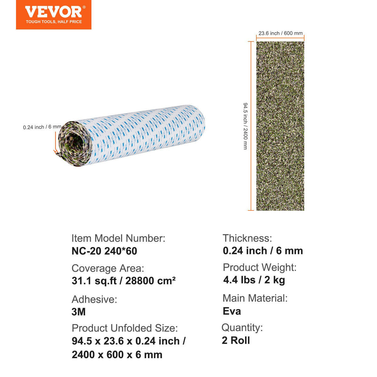 VEVOR Boat Flooring, EVA Foam Boat Decking 94.5" x 23.6", Non-Slip Self-Adhesive Flooring, 31.1sq.ft 2 Rolls of Marine Carpet for Boats, Yacht, Pontoon, Kayak Decking - CBZZFHPMDDCL3Y820V0 - view 8