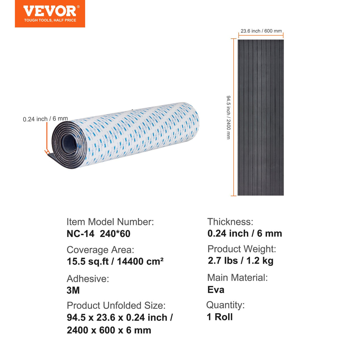 VEVOR Boat Flooring, EVA Foam Boat Decking 94.5" x 23.6", Non-Slip Self-Adhesive Flooring, 15.5 sq.ft Marine Carpet for Boats, Yacht, Pontoon, Kayak Decking - CBZZFHPMDDSHB8RTKV0 - view 8