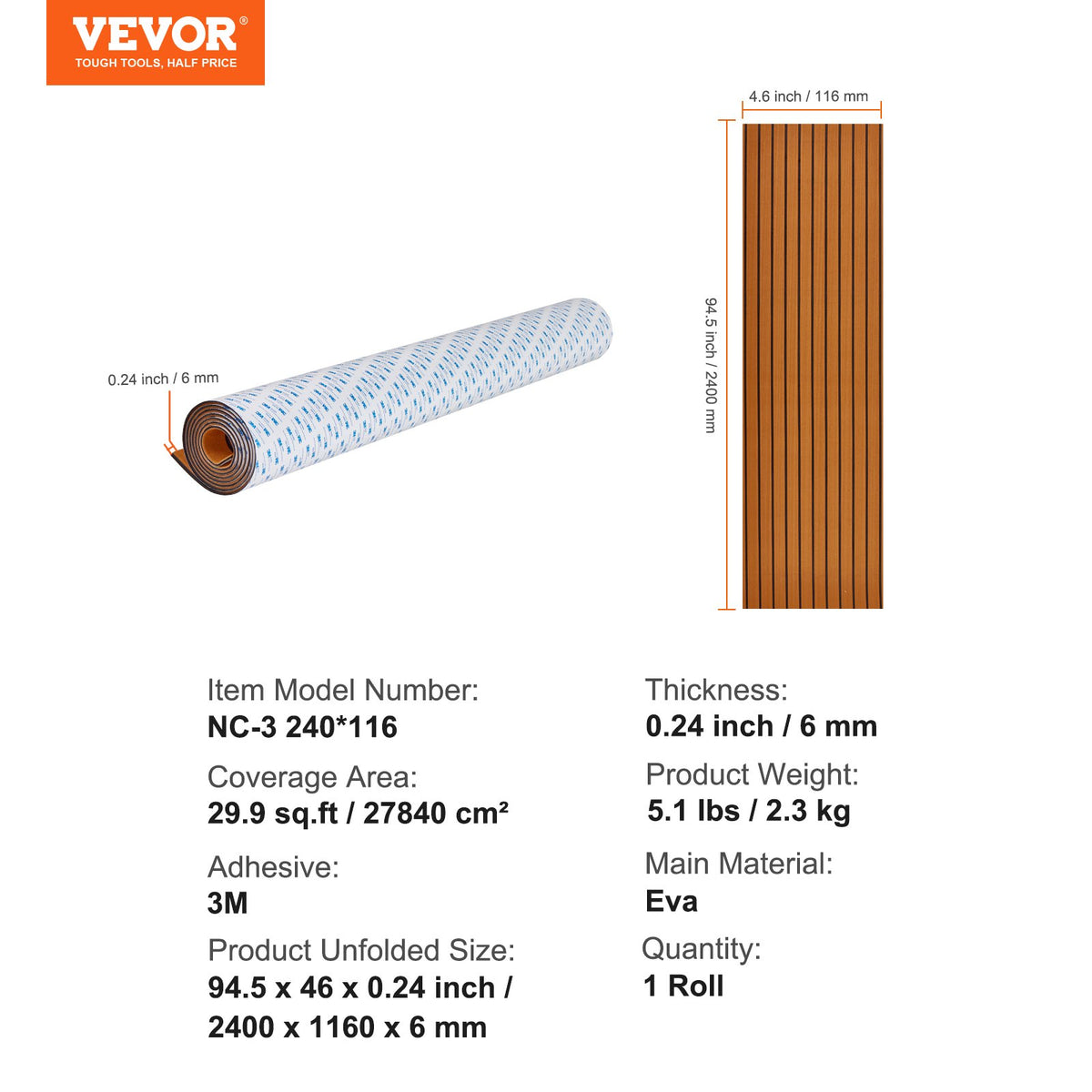 VEVOR Boat Flooring, EVA Foam Boat Decking 94.5" x 46", Non-Slip Self-Adhesive Flooring, 29.9 sq.ft Marine Carpet for Boats, Yacht, Pontoon, Kayak Decking - CBZZFHPMDDZSP166PV0 - view 8