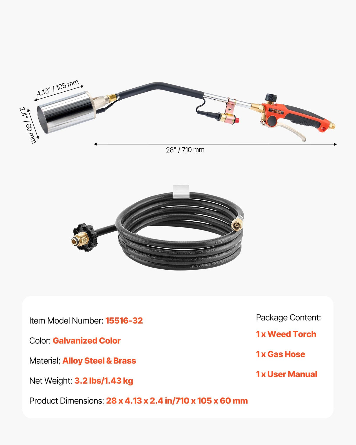 VEVOR Propane Torch Weed Burner, High Output 1,800,000 BTU with 10 ft Hose, Heavy Duty Blow Torch with Adjustable Flame and Turbo Trigger Push Button Igniter, Flamethrower Kit for Garden Ice Snow Road - CCHJHJTZ32INHTNP2001V0 - view 8