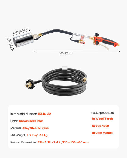 VEVOR Propane Torch Weed Burner, High Output 1,800,000 BTU with 10 ft Hose, Heavy Duty Blow Torch with Adjustable Flame and Turbo Trigger Push Button Igniter, Flamethrower Kit for Garden Ice Snow Road - CCHJHJTZ32INHTNP2001V0 - view 8