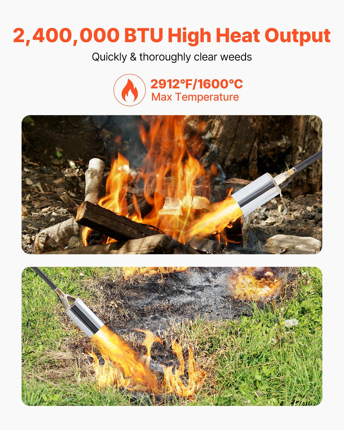 VEVOR Propane Torch Weed Burner, High Output 2,400,000 BTU with 10 ft Hose, Heavy Duty Blow Torch with Adjustable Flame and Turbo Trigger Push Button Igniter, Flamethrower Kit for Garden Ice Snow Road - CCHJHJTZ34IN8G42R001V0 - view 3