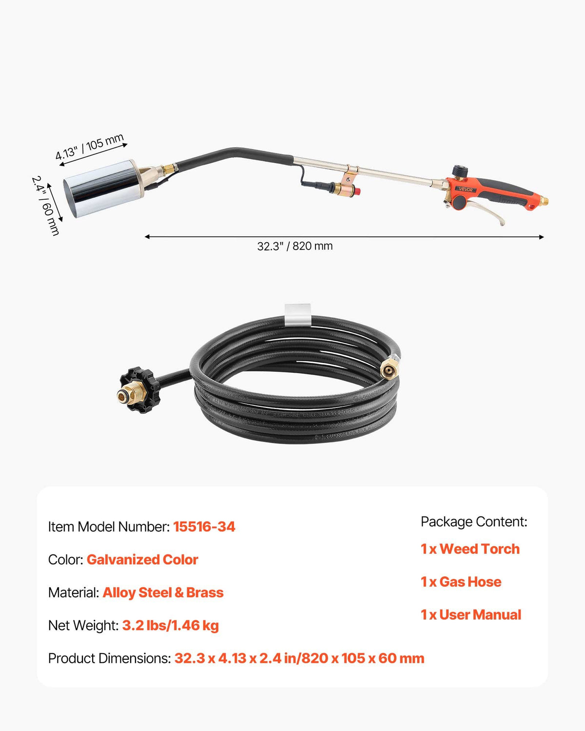 VEVOR Propane Torch Weed Burner, High Output 2,400,000 BTU with 10 ft Hose, Heavy Duty Blow Torch with Adjustable Flame and Turbo Trigger Push Button Igniter, Flamethrower Kit for Garden Ice Snow Road - CCHJHJTZ34IN8G42R001V0 - view 8