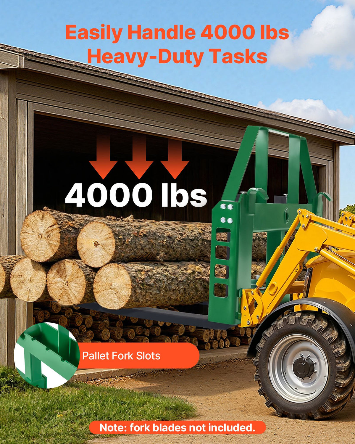 VEVOR Skid Steer Pallet Frame, 4000 lbs Rated Load Capacity, 45-inch Pallet Fork Frame Attachments with 2-inch Hitch Receiver & Spear Sleeves, Fit for John Deere Loaders Quick Attach Mount, Frame Only - CCMBJOHNDEERA87XB001V0 - view 3
