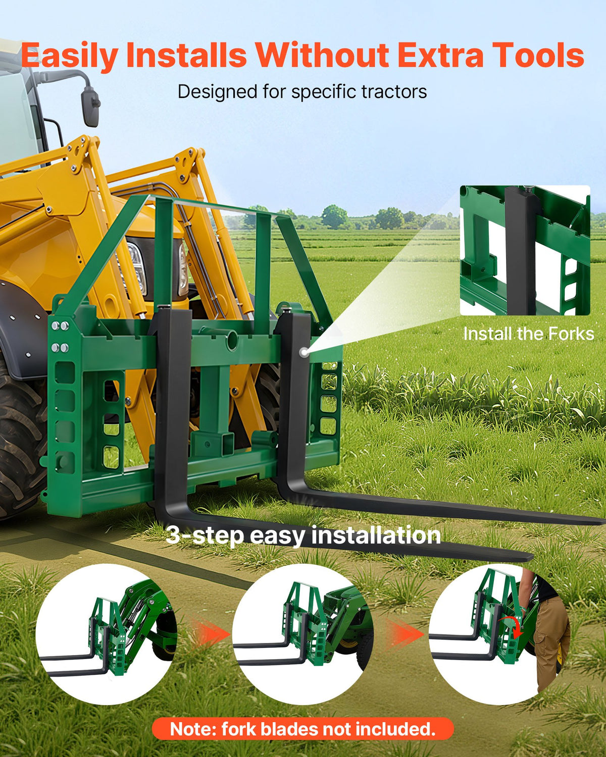 VEVOR Skid Steer Pallet Frame, 4000 lbs Rated Load Capacity, 45-inch Pallet Fork Frame Attachments with 2-inch Hitch Receiver & Spear Sleeves, Fit for John Deere Loaders Quick Attach Mount, Frame Only - CCMBJOHNDEERA87XB001V0 - view 4