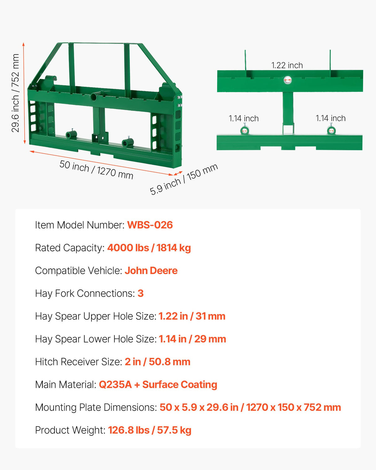 VEVOR Skid Steer Pallet Frame, 4000 lbs Rated Load Capacity, 45-inch Pallet Fork Frame Attachments with 2-inch Hitch Receiver & Spear Sleeves, Fit for John Deere Loaders Quick Attach Mount, Frame Only - CCMBJOHNDEERA87XB001V0 - view 8