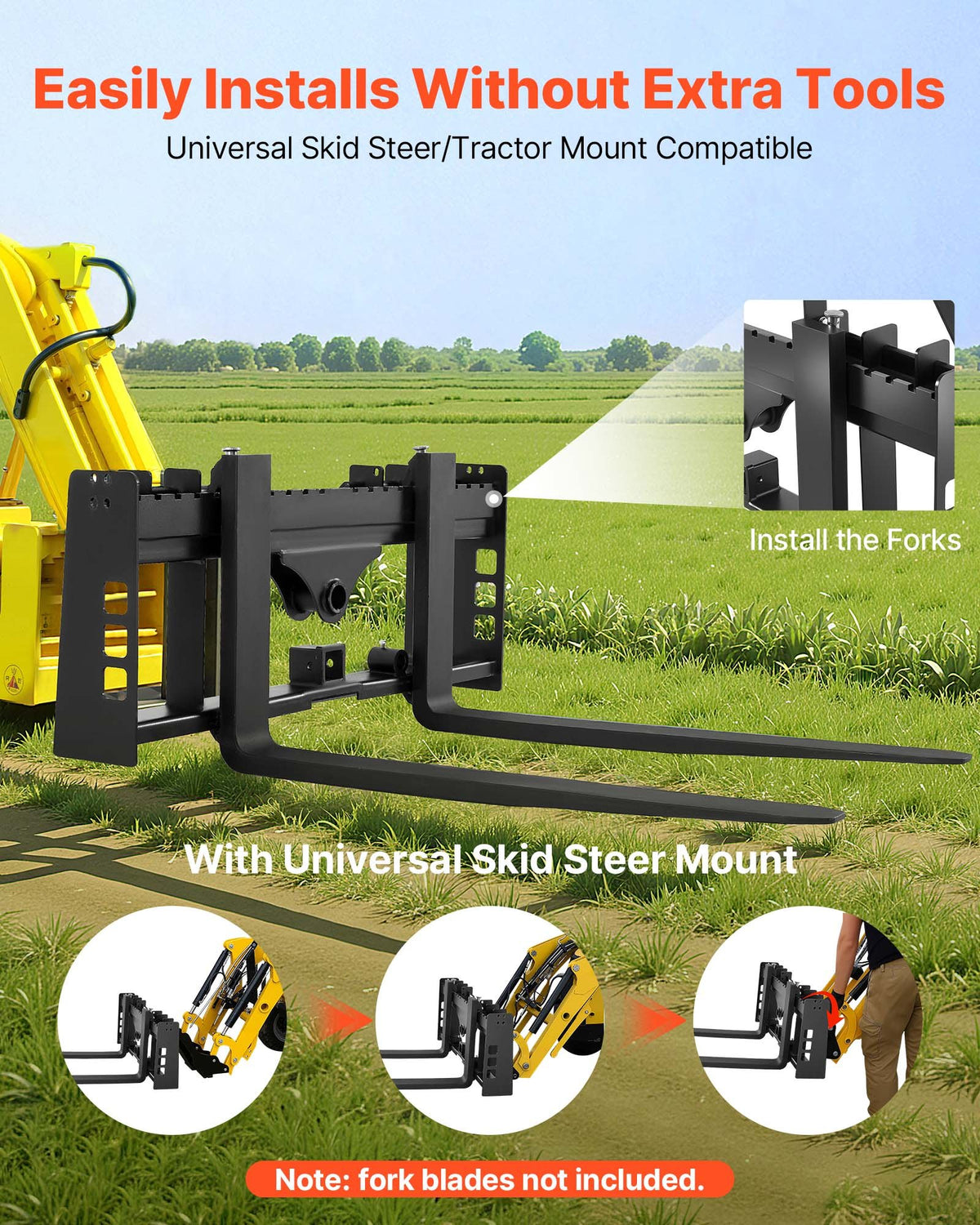 VEVOR Skid Steer Pallet Frame, 4000 lbs Rated Load Capacity, 45-inch Pallet Fork Frame Attachments with 2-inch Hitch Receiver & Spear Sleeves, Fit for Loaders Tractors Quick Attach Mount, Frame Only - CCMBTYBDAQDBZHFHU001V0 - view 4