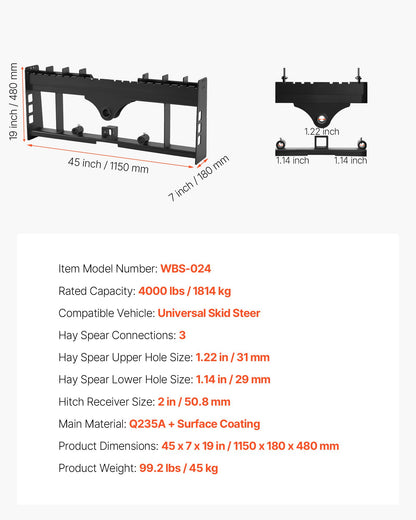 VEVOR Skid Steer Pallet Frame, 4000 lbs Rated Load Capacity, 45-inch Pallet Fork Frame Attachments with 2-inch Hitch Receiver & Spear Sleeves, Fit for Loaders Tractors Quick Attach Mount, Frame Only - CCMBTYBDAQDBZHFHU001V0 - view 8