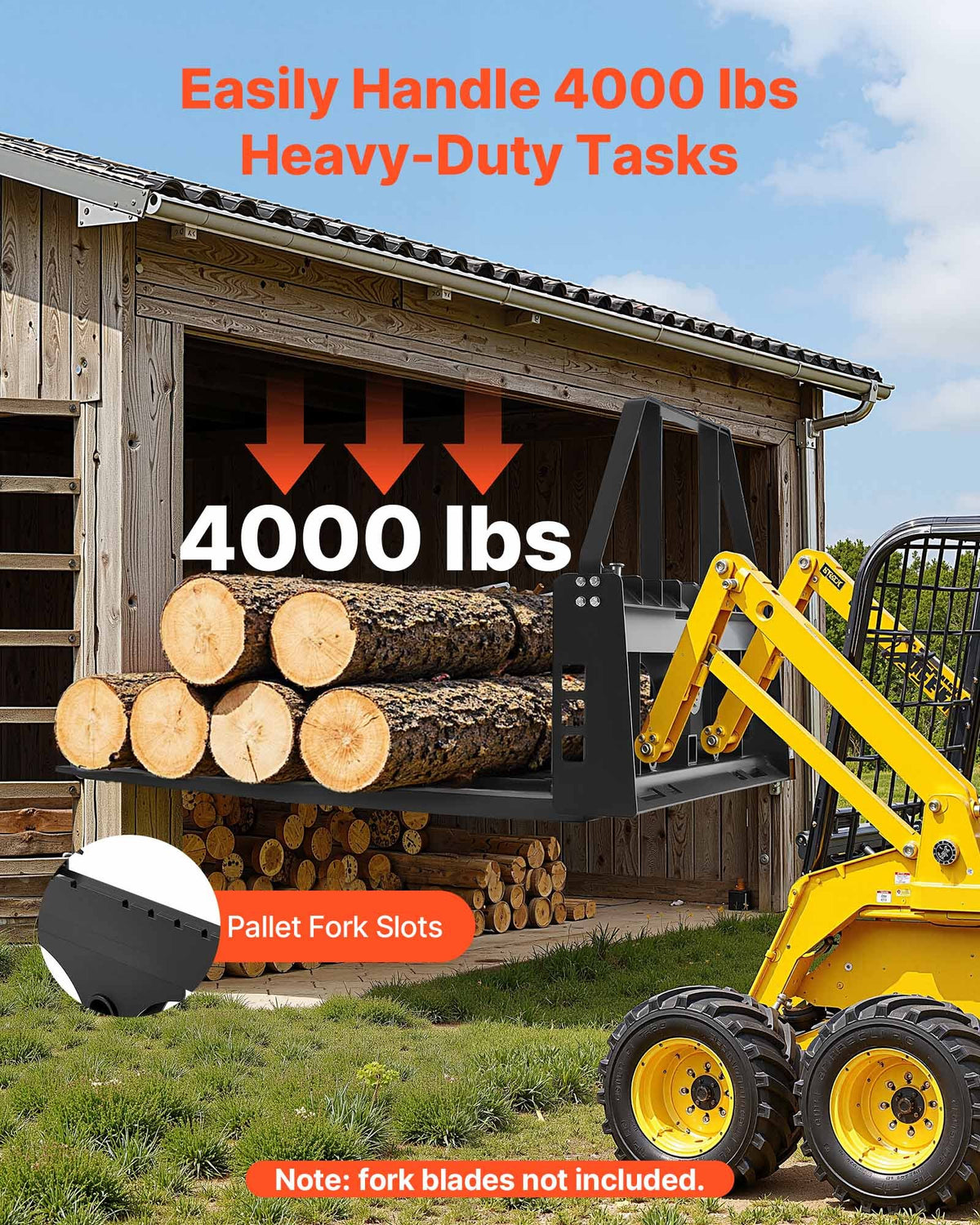 VEVOR Skid Steer Pallet Fork Frame, 4000 lbs Rated Capacity, 45-inch Pallet Fork Frame Attachments with 2-inch Hitch Receiver & Spear Sleeves, Fit for Quick Attach Tractor Loaders, Frame Only - CCMBTYDAQDB0KX4MG001V0 - view 3