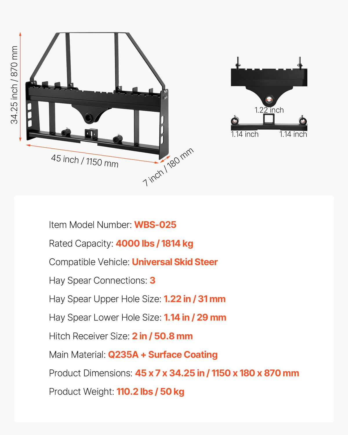 VEVOR Skid Steer Pallet Fork Frame, 4000 lbs Rated Capacity, 45-inch Pallet Fork Frame Attachments with 2-inch Hitch Receiver & Spear Sleeves, Fit for Quick Attach Tractor Loaders, Frame Only - CCMBTYDAQDB0KX4MG001V0 - view 8