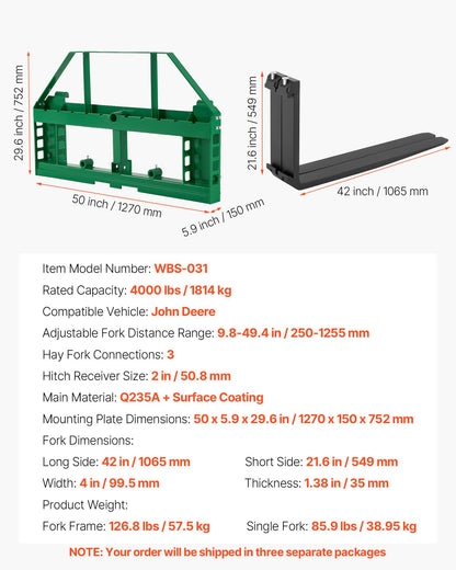 VEVOR Pallet Fork Frame Attachment with 42-inch Skid Steer Forks for JD Tractors - CCMBTZJOHNDE0TYJS001V0 - view 8