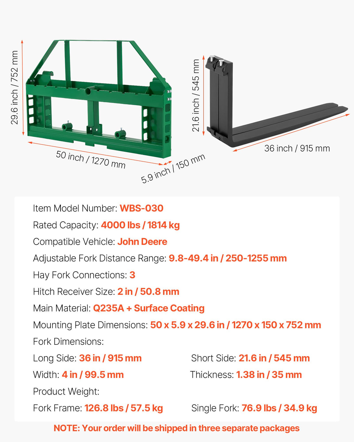 VEVOR Pallet Fork Frame Attachment with 36-inch Skid Steer Forks for JD Tractors - CCMBTZJOHNDECMBDF001V0 - view 8
