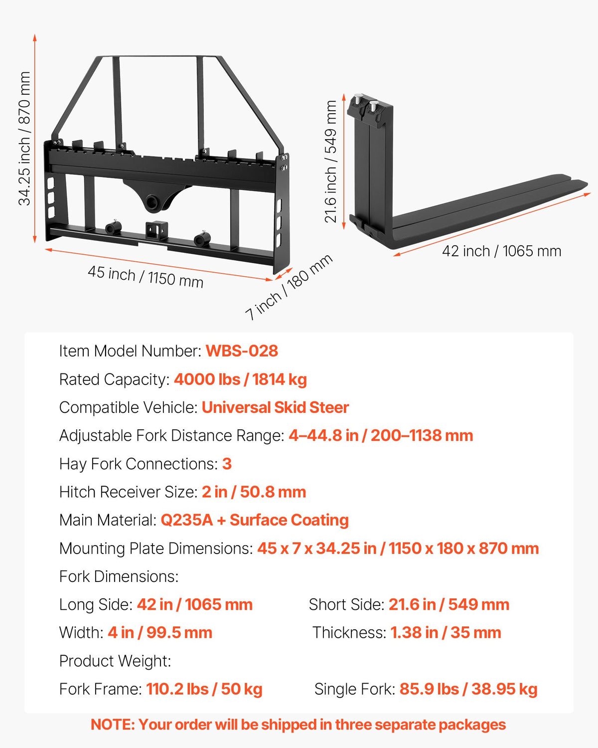 VEVOR Pallet Fork Frame Attachment with 42-inch Skid Steer Pallet Forks 4000 lbs - CCMBTZTYDAQD17JG7001V0 - view 8