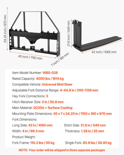 VEVOR Pallet Fork Frame Attachment with 42-inch Skid Steer Pallet Forks 4000 lbs - CCMBTZTYDAQD17JG7001V0 - view 8