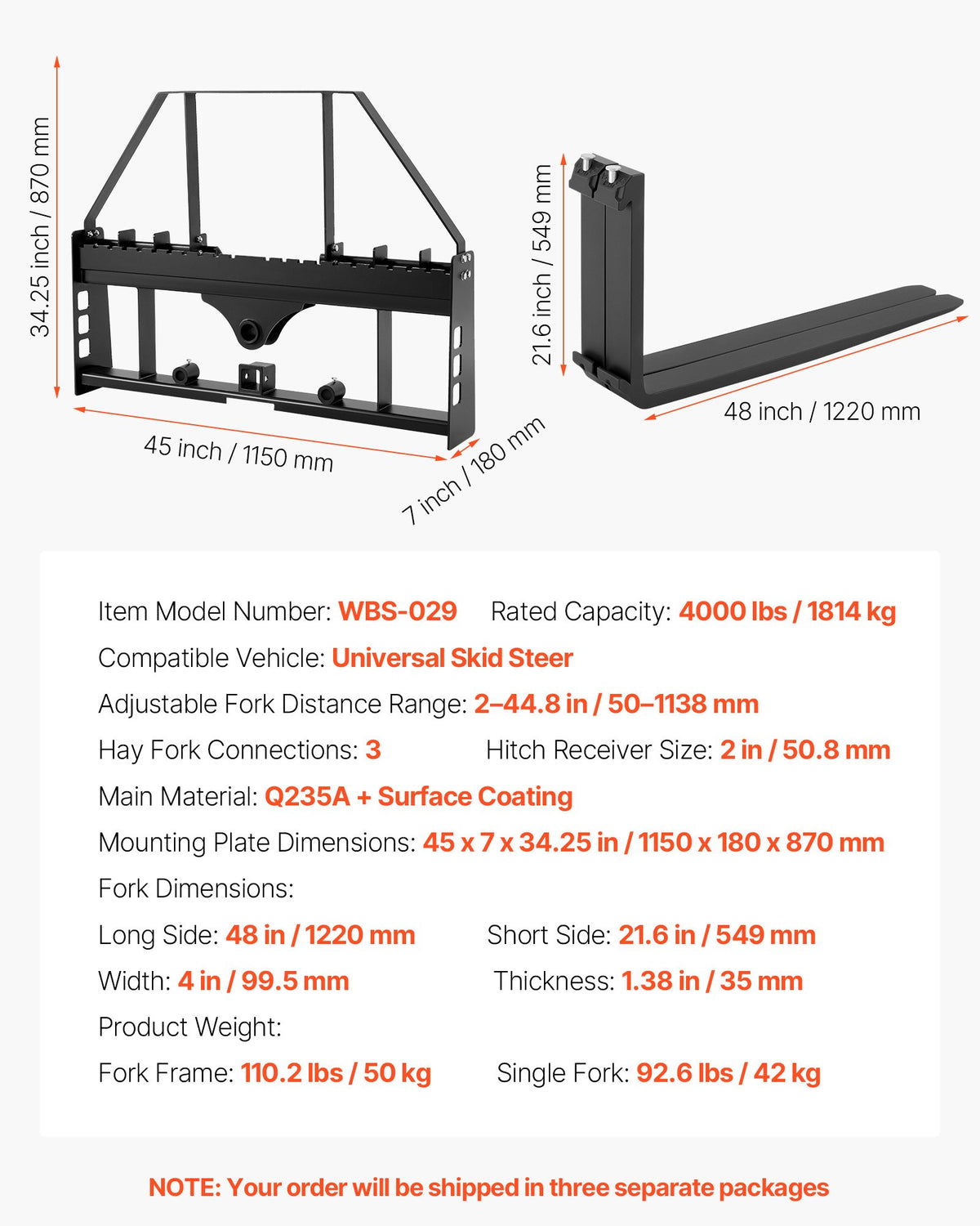 VEVOR Pallet Fork Frame Attachment with 48-inch Skid Steer Pallet Forks 4000 lbs - CCMBTZTYDAQDR41WU001V0 - view 8