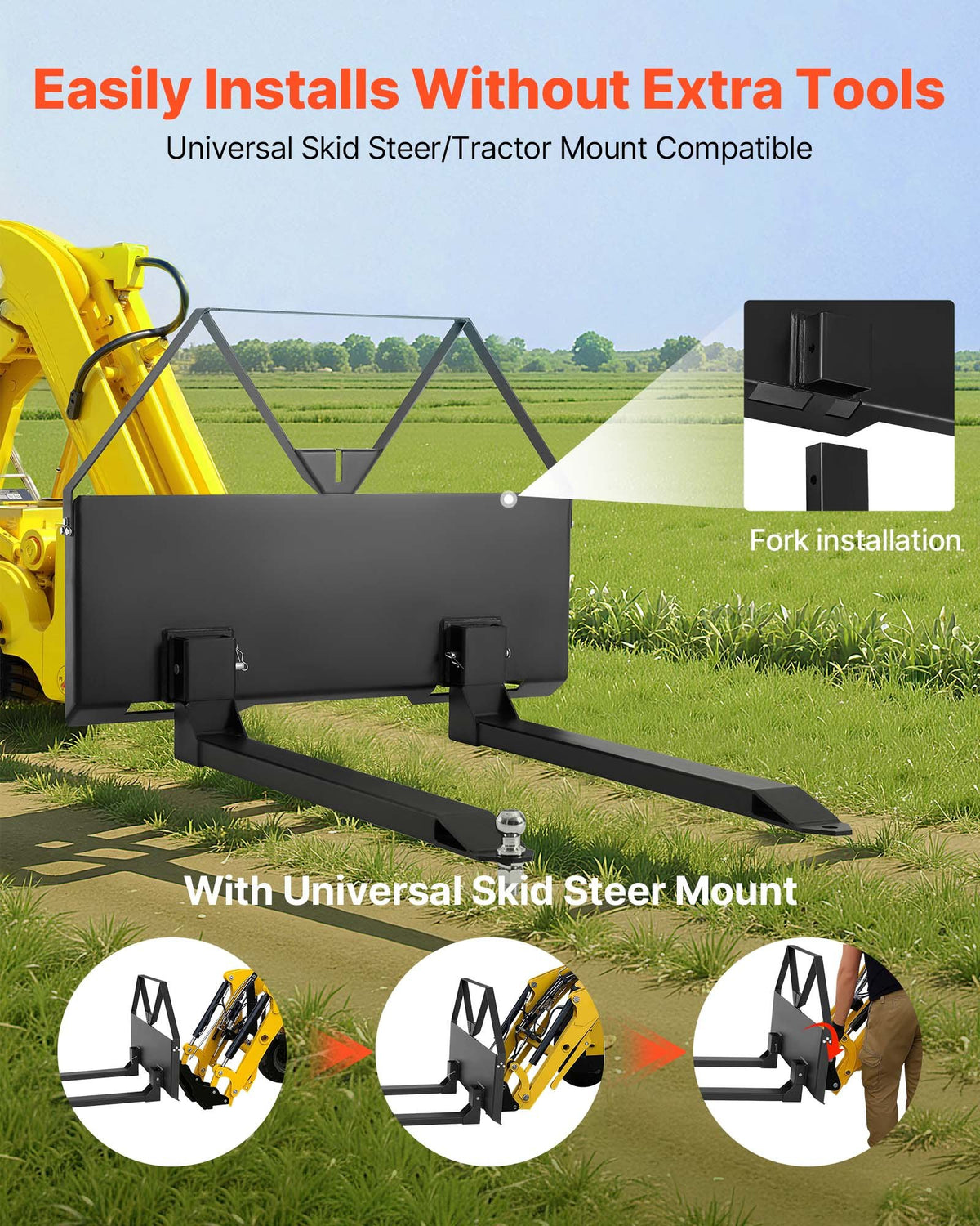 VEVOR Skid Steer Pallet Forks, 2600 lbs Rated Capacity, Pallet Fork Frame Attachment with 48-inch Pallet Forks Blades, 1-7/8 inch Ball Hitch Receiver, Quick Tach Connection for Skid Steers, Tractors - CCMBTZTYDAQDVX9SR001V0 - view 4