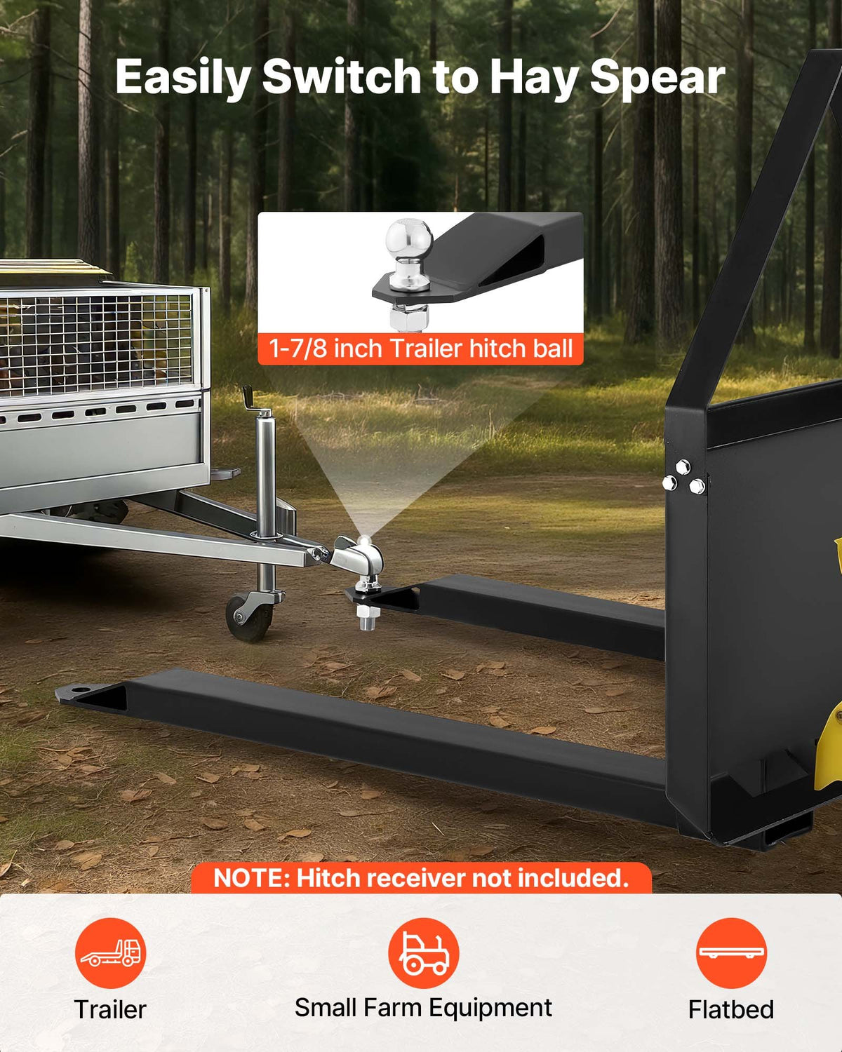 VEVOR Skid Steer Pallet Forks, 2600 lbs Rated Capacity, Pallet Fork Frame Attachment with 48-inch Pallet Forks Blades, 1-7/8 inch Ball Hitch Receiver, Quick Tach Connection for Skid Steers, Tractors - CCMBTZTYDAQDVX9SR001V0 - view 5