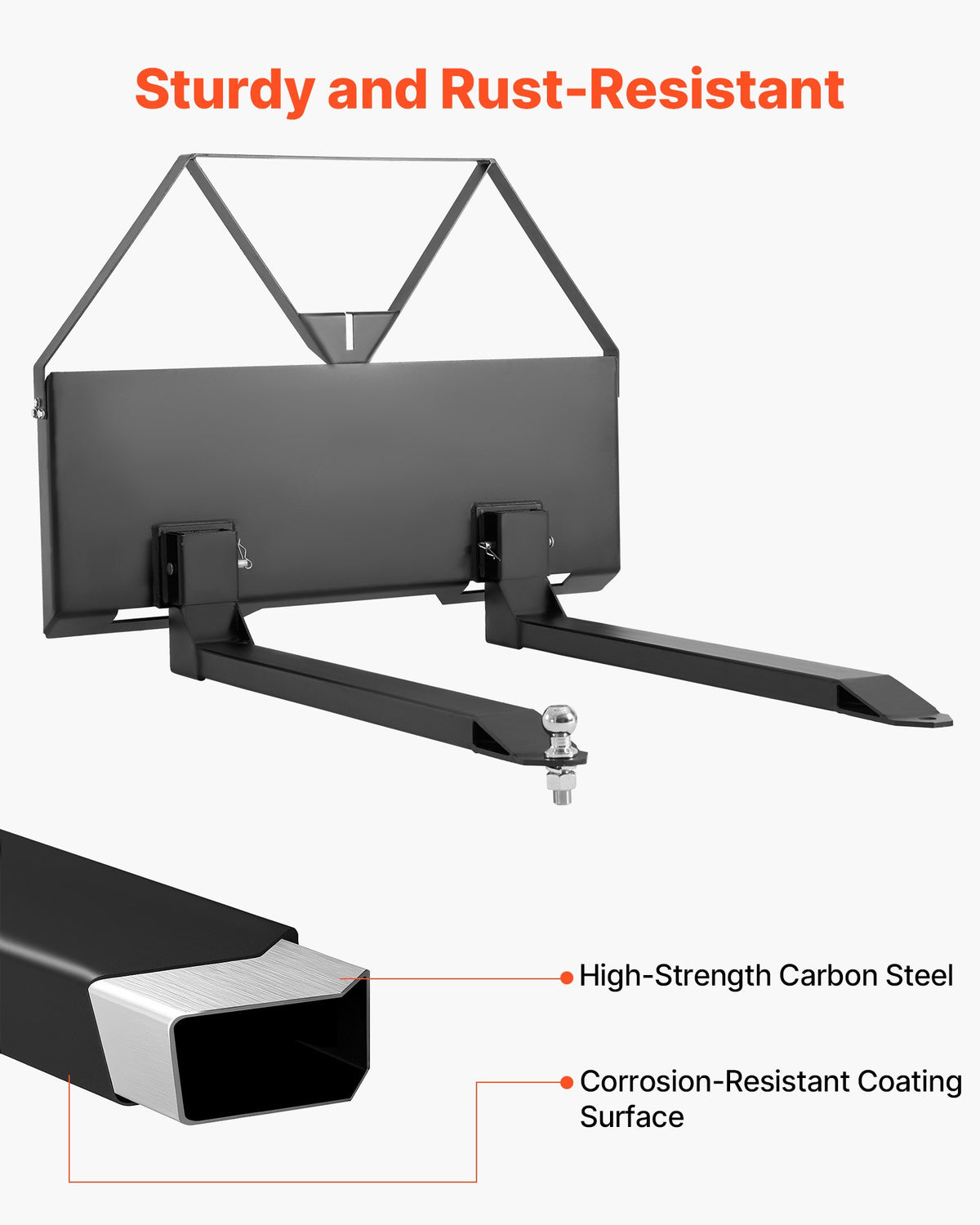 VEVOR Skid Steer Pallet Forks, 2600 lbs Rated Capacity, Pallet Fork Frame Attachment with 48-inch Pallet Forks Blades, 1-7/8 inch Ball Hitch Receiver, Quick Tach Connection for Skid Steers, Tractors - CCMBTZTYDAQDVX9SR001V0 - view 7